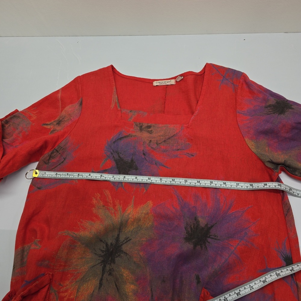 Cristina Vergani Italy Red Floral Linen Cotton Lagenlook Pocket Dress Small - Picture 7 of 7